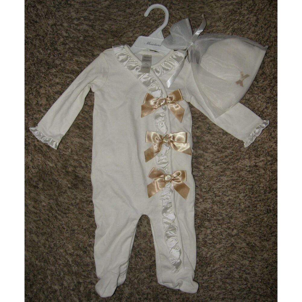 NEW Girls Sz 9 Months Ivory White Ruffled Footed Gold Bows Outfit & Cap 2 Pc Set